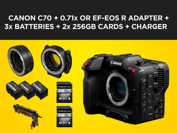 List my kit: Canon C70 + EF-EOS R & 0.71 Adapters, 3 Batteries, 2 Cards, Handle