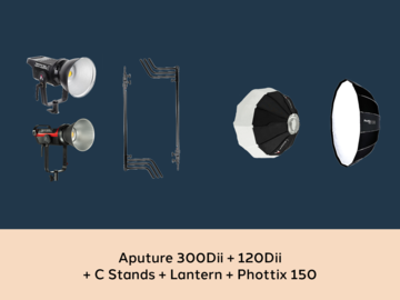 List my kit: Aputure 300Dii + 120Dii + Lantern + Raja 150 + Stands