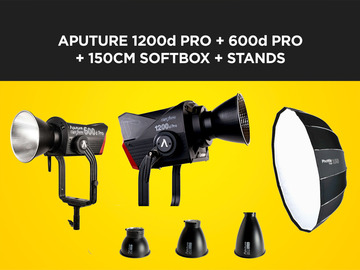 List my kit: Aputure 1200d Pro + 600d Pro + Softbox + Dishes + Stands