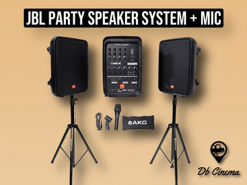 List my kit: Speaker JBL EON208P PA System 2x + stands + 2x Mics